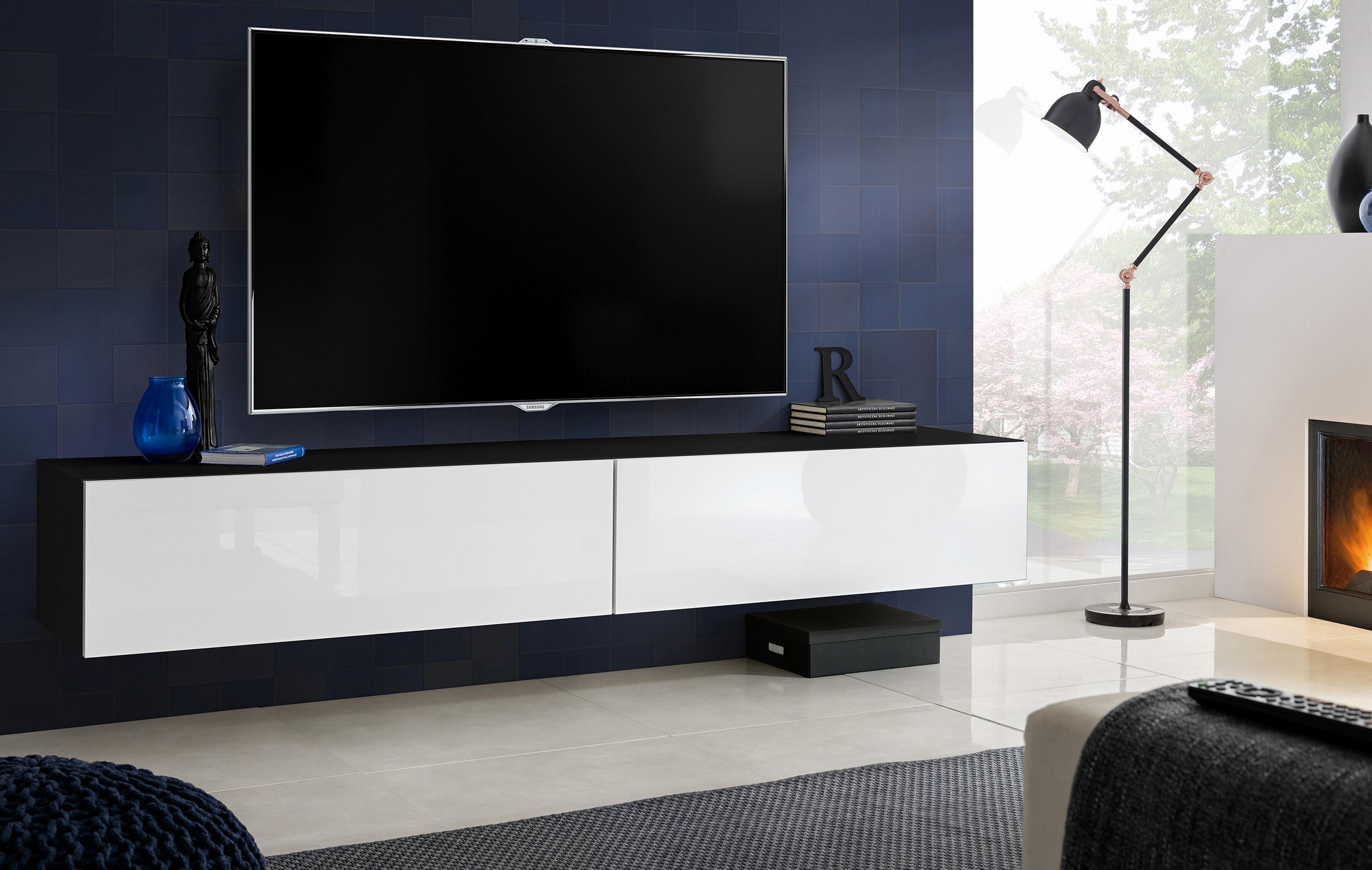TV-HÄNGEBOARD LORETO, Schwarz, Weiß Hochglanz - Schwarz/Weiß, Holzwerkstoff (200/30/41.5cm) - Komodee