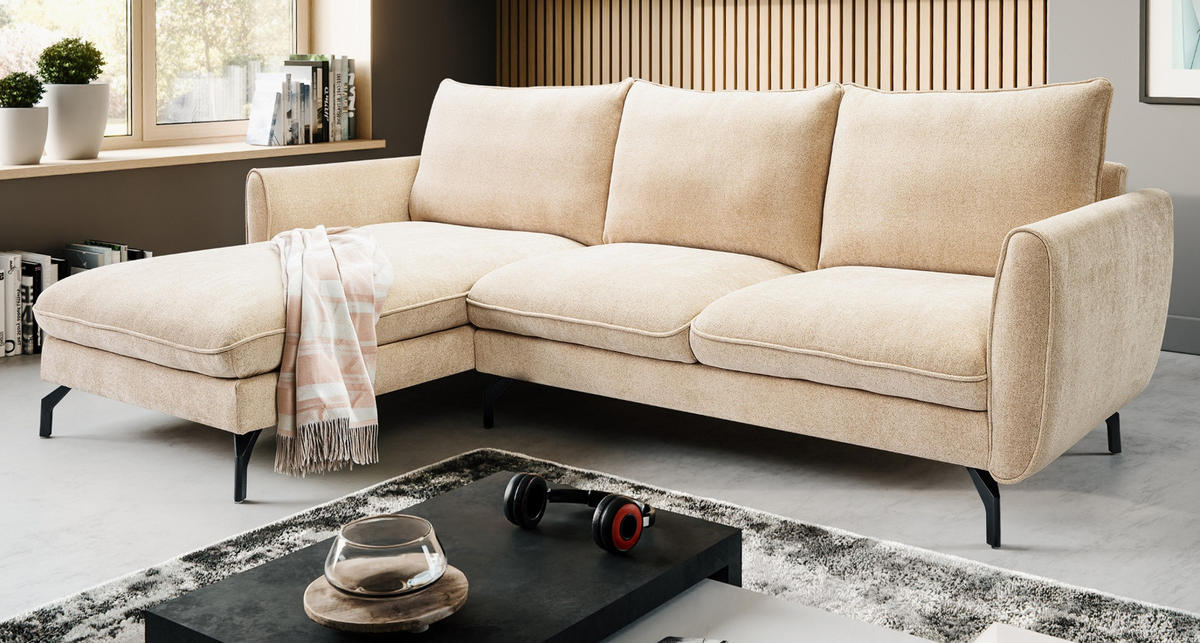 SOFA beige Webstoff 259 x 167 cm, Ecksofa 5-Sitzer, L-Sofa Ottomane links - Beige/Schwarz, Holz/Textil (259/167cm) - Inn.Furn