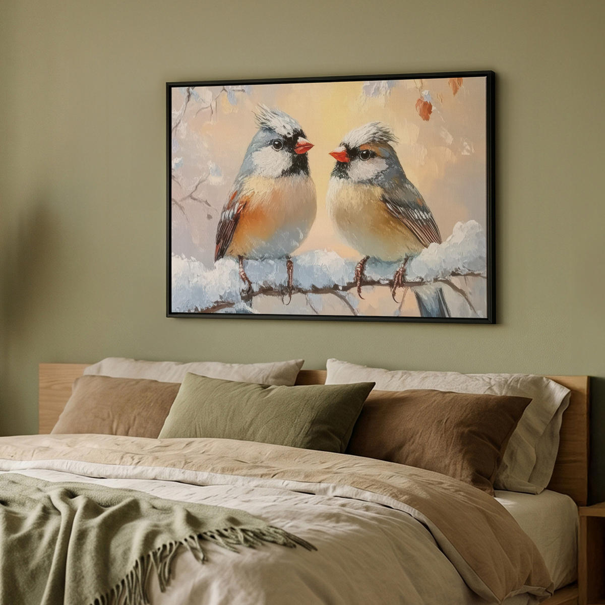 LEINWAND Bilder mit Rahmen - Vögel - Zweig - Winter - Schnee - 100x70 - Pastellblau, Textil (100/70cm) - MuchoWow