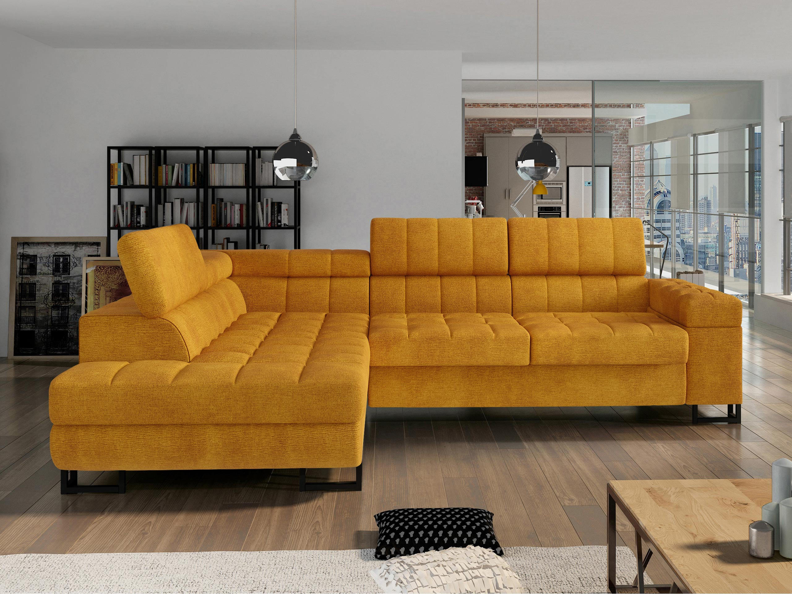 ECKSOFA Laris, Seite: Links - Currygelb/Schwarz, Holz/Textil (271/203cm) - MIRJAN24