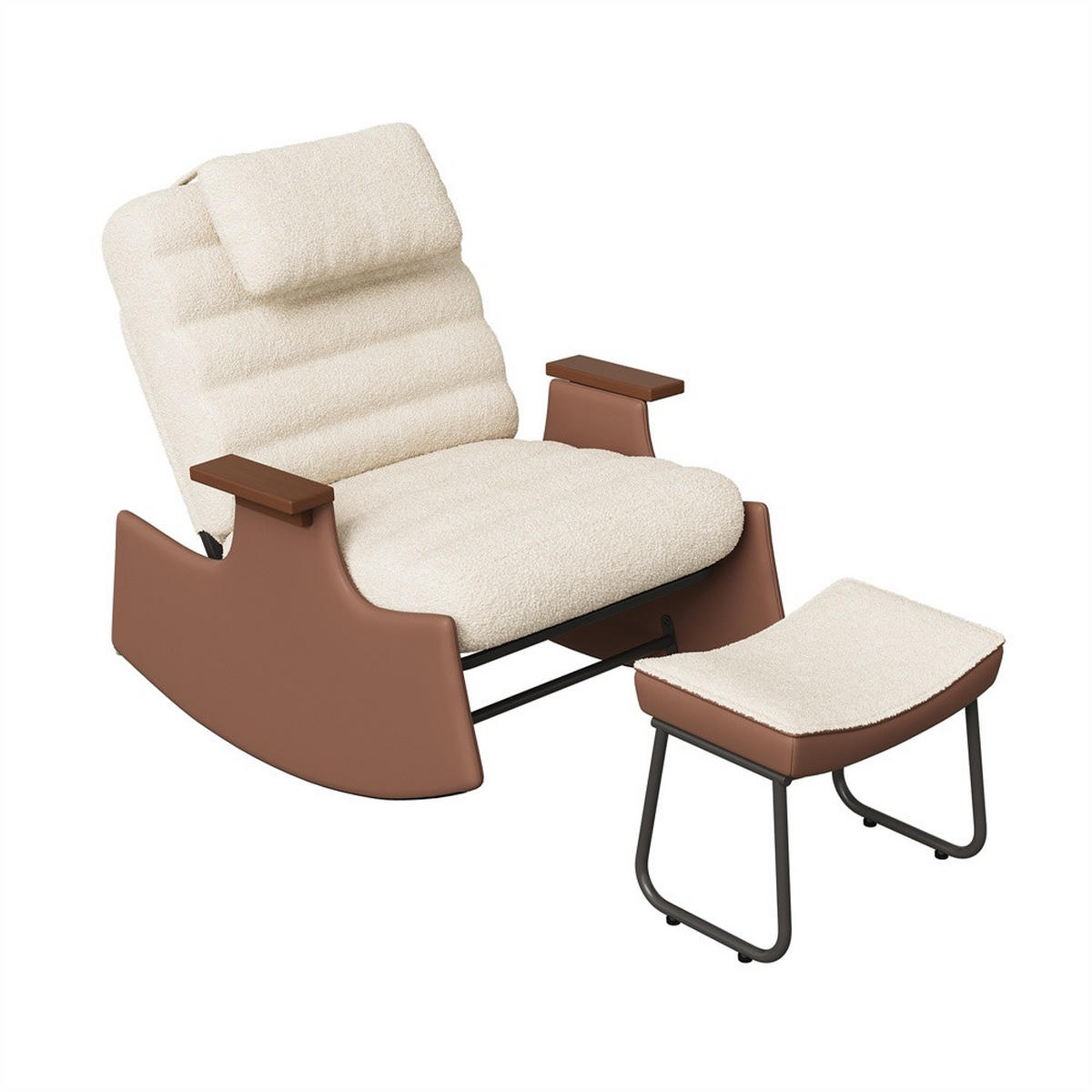 SCHAUKELSTUHL mit Hocker und Kopfkissen - 3-stufig verstellbare Rückenlehne und Lammfell-Imitat - Beige-Braun - Beige, Textil (61.5/81/51.5cm) - DELFA