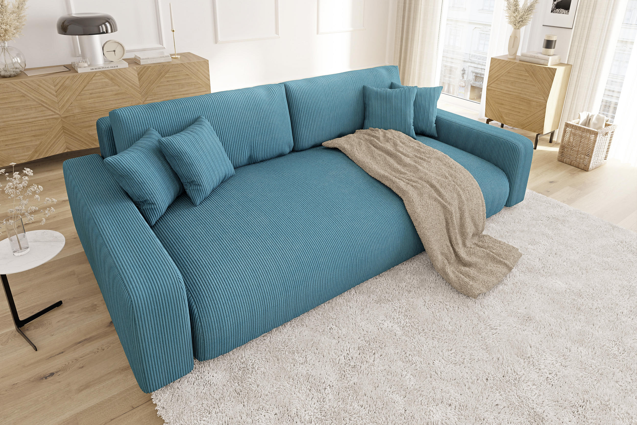 BIGSOFA Emma Türkis Cord - Türkis/Schwarz, Holz/Kunststoff (234/78/122cm) - S-Style Möbel