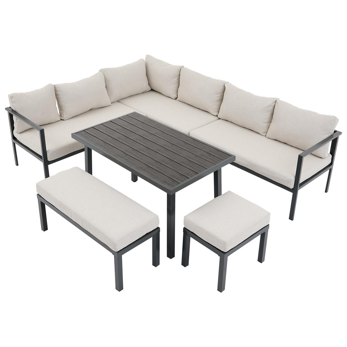 GARTEN-ESSGRUPPE 9 Personen Ecksofa Tisch Stahl Grau - Grau, Textil - FLIEKS