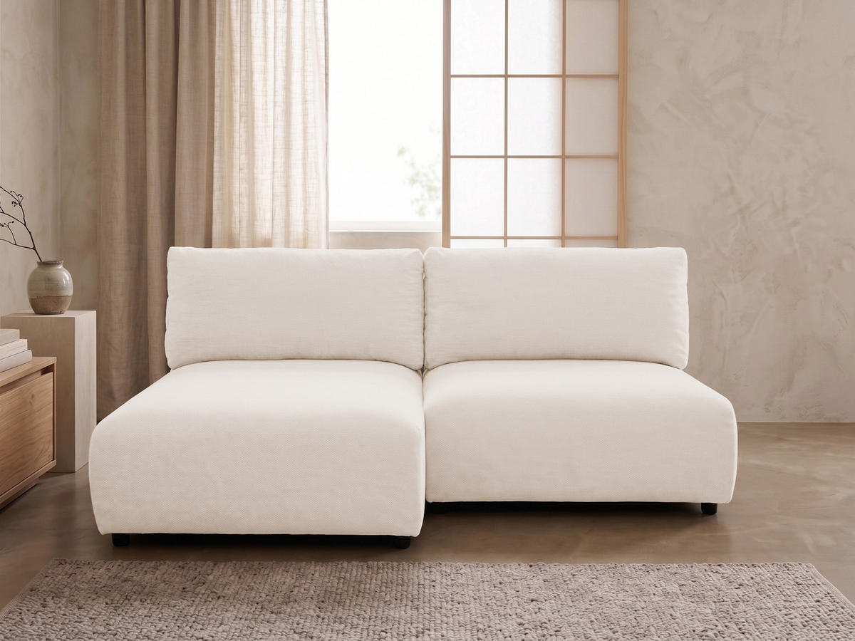 ECKSOFA Sora mit Schlaffunktion, Bettkasten und extra tiefer Komfortzone aus hochwertigem Creme Strukturstoff - Creme/Schwarz, Holz/Kunststoff (140/200cm) - S-Style