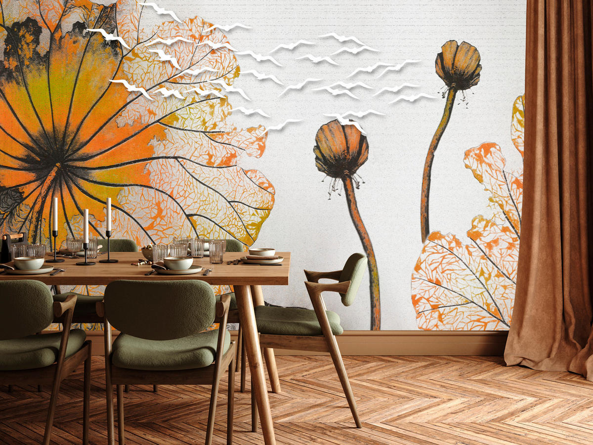 FOTOTAPETE für Esszimmer Große Abstrakte Orange Blumen Blätter 100x70 - Gelb/Orange, Papier (100/70cm) - Muralo