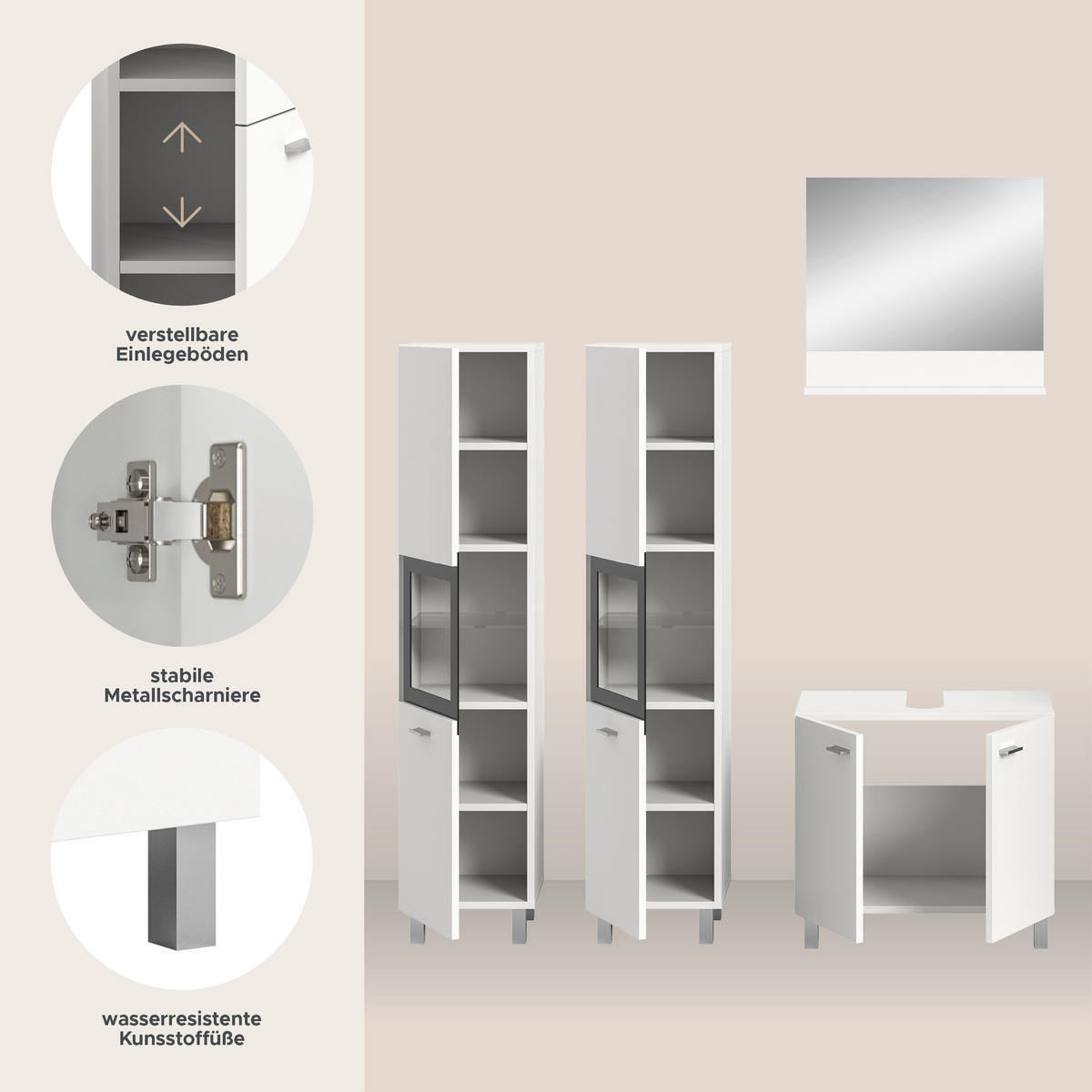 BADKOMBINATION 4tlg. Boston/Tampa Bad in weiß Nachbildung und schwarz B/H/T: 137x186x33 cm - Weiß, Holzwerkstoff (137/186/33cm)