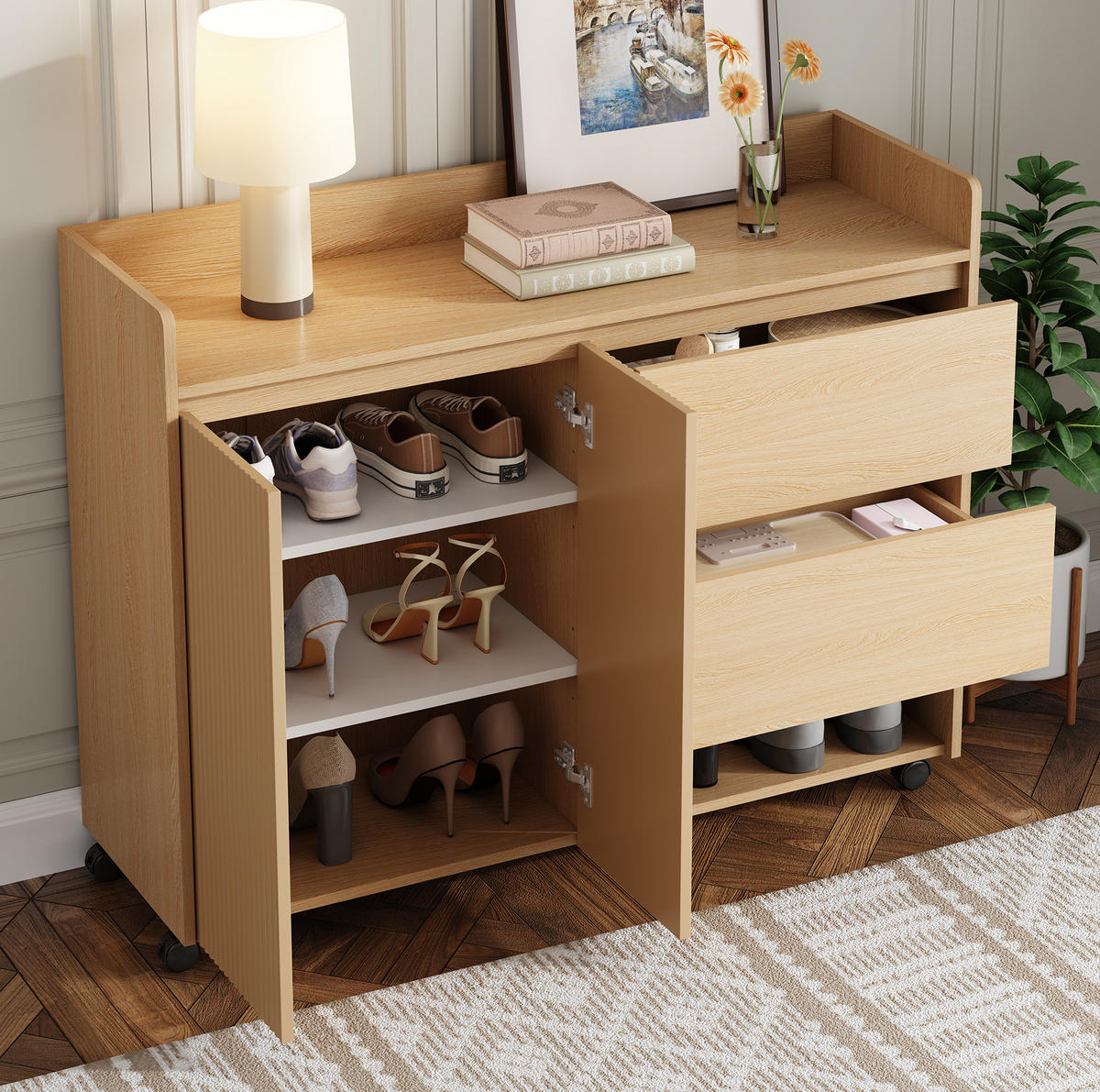 SCHUHSCHRANK 110/35/86 cm mit Rollen, Schubladen und verstellbaren Einlegeböden, Natur - Naturfarben, Holzwerkstoff (110/86/35cm) - Redom