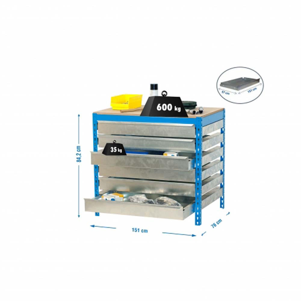 WERKBANK BUFFALO mit Schubfächern | HxBxT 84x150x76cm | Traglast 600kg | Blau - Blau, Metall (150/84/76cm) - PROREGAL
