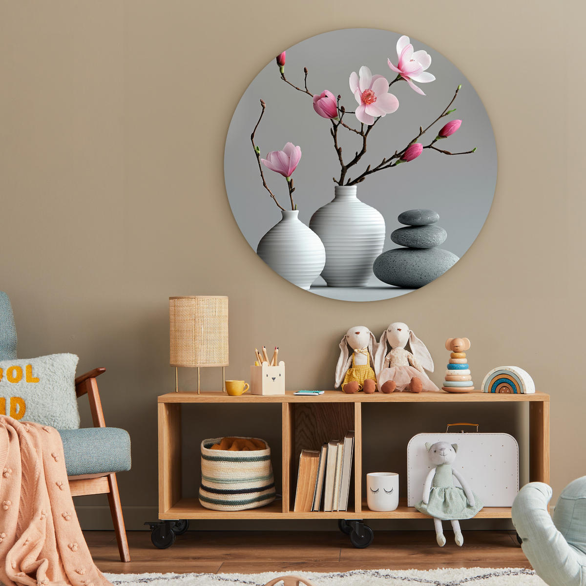 WANDBILD Magnolie - Blumen - Rosa - Zen-Steine 90x90 cm - Hellgrau, Kunststoff (90/90cm) - MuchoWow