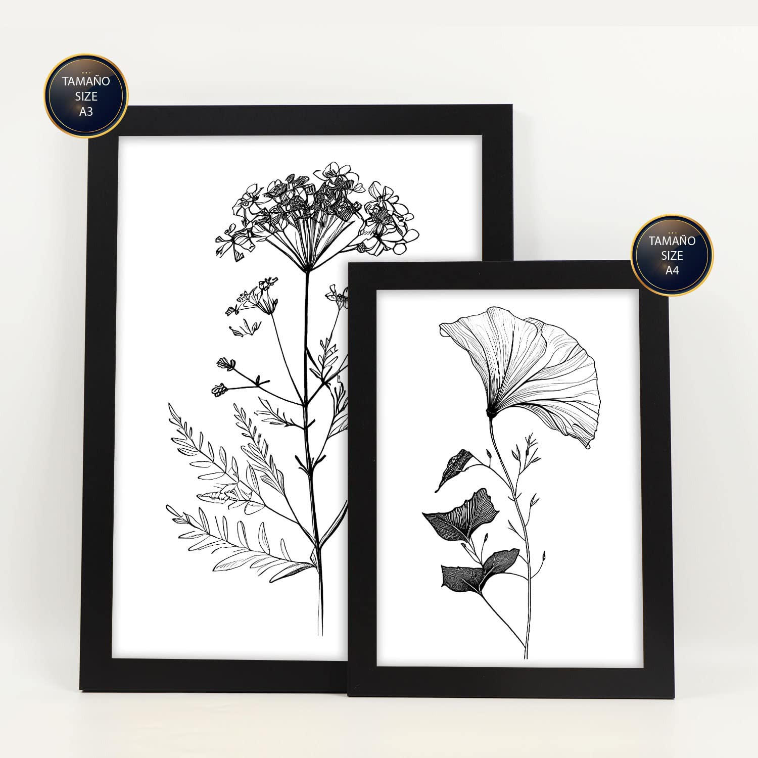 POSTER Set Mit 6 Blühende Blumen Natur Und Botanikdrucke Mit Blumenmotiven In Klassischem Schwarz Und Weiß Innenarchitektur A3 & A4 Schwarzer Rahmen - Schwarz, Papier (29/3cm) - Nacnic