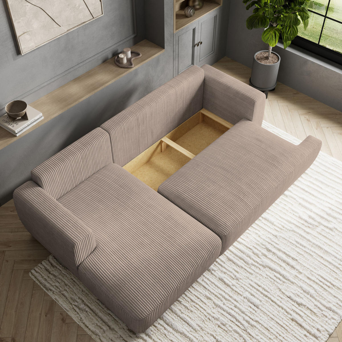 ECKSOFA SENTI P L-S Creme Kordstoff mit Schlaffunktion - Creme, Holz (246/148cm) - MASSENO