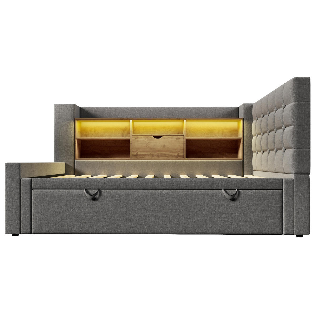 POLSTERBETT 90/200 cm mit Ausziehbett, LED-Beleuchtung, USB-Anschlüssen und Stauraum, Leinen/Metall, Grau - Grau, Textil (90/200cm) - Redom