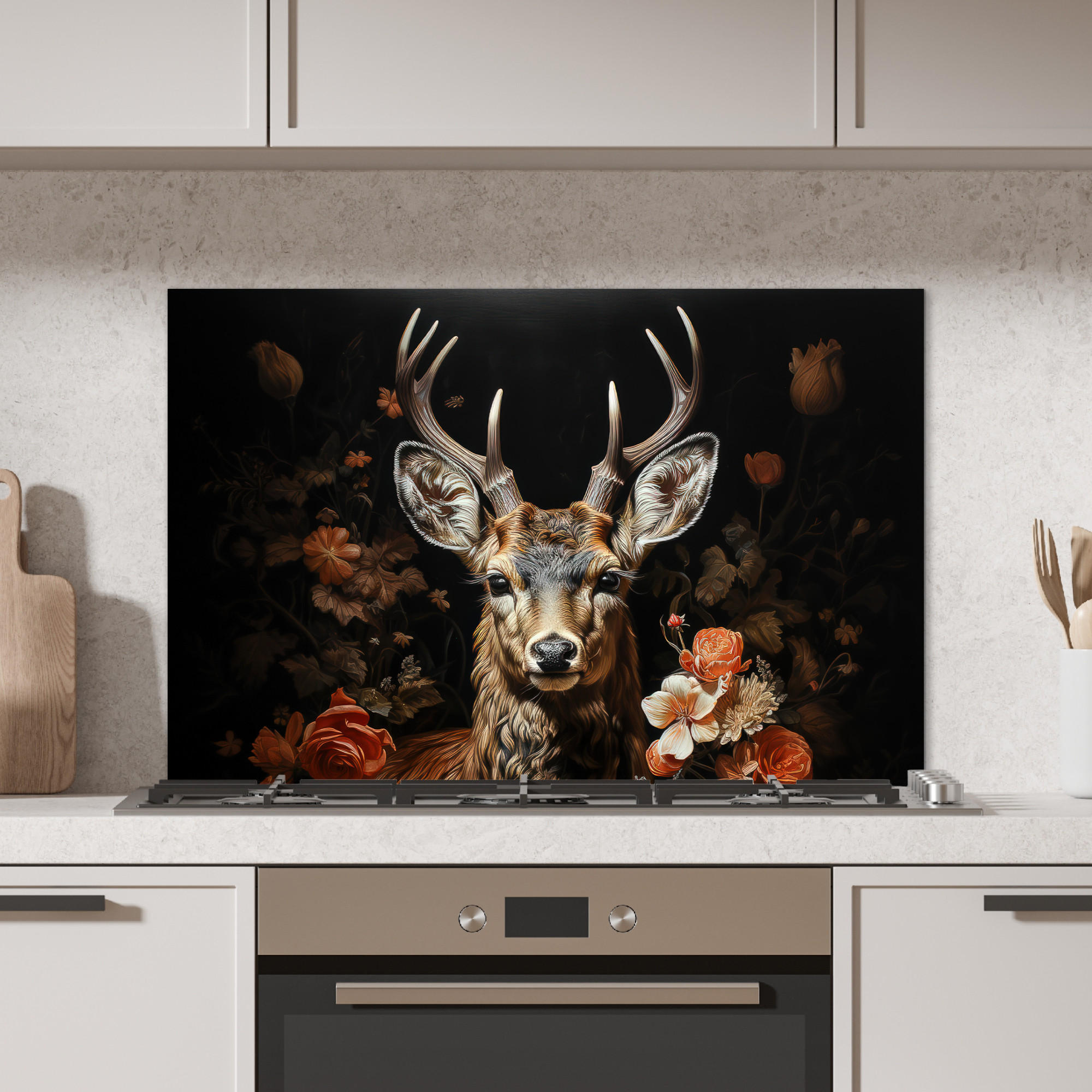 SPRITZSCHUTZ KÜCHE Hirsch - Tier - Blumen - Natur - Botanisch 80x55 cm - Kupferfarben, Metall (80/0.3/55cm) - MuchoWow