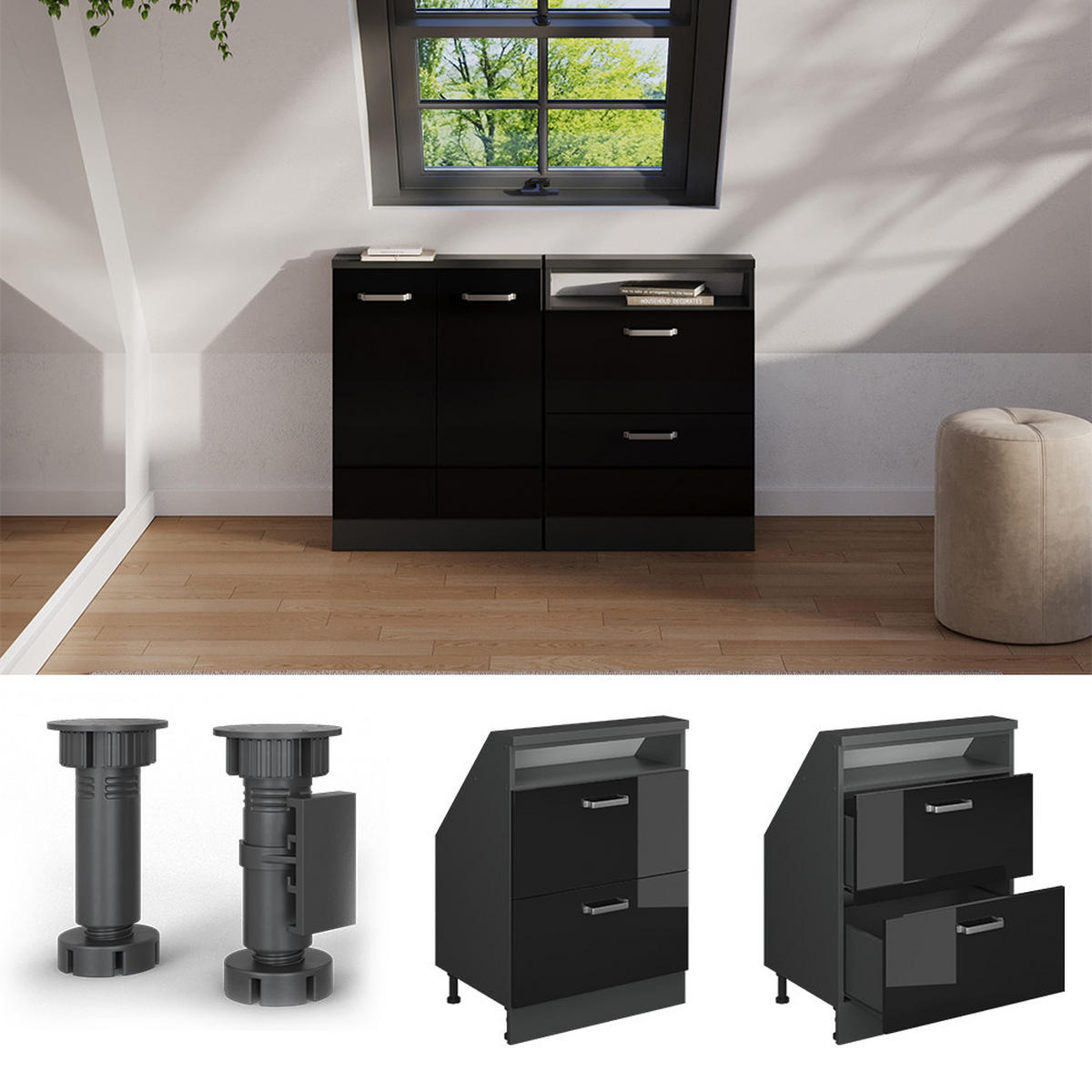 KUCHYŇSKÁ SKŘÍŇKA POD ŠIKMOU STŘECHU R-Line Vysoce lesklá černá/antracitová - černá/antracitová, kompozitní dřevo (60/81.6/46cm) - Vicco