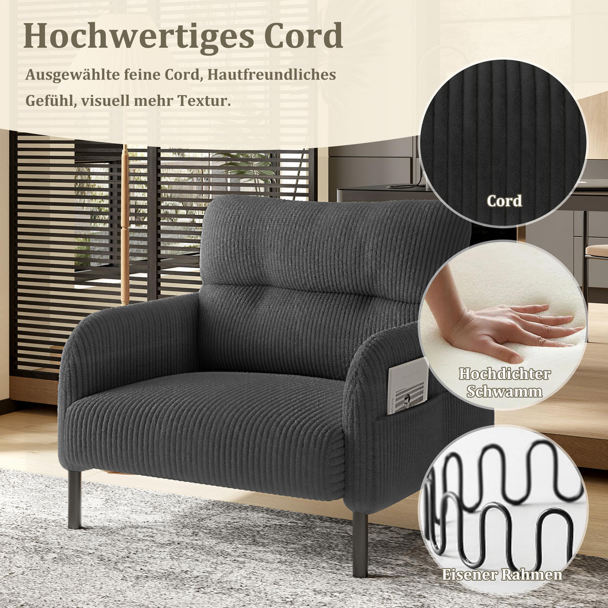 SESSEL Loungesessel,Polstersessel,Cord,Grau - Grau, Textil (67/79/75cm) - LVHOM