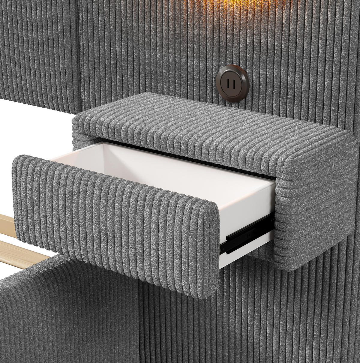 SAMETOVÁ čalouněná postel 180/200 cm s LED čelem, USB porty a nočními stolky se zásuvkami, Šedá - šedá, textil (180/200cm) - Redom