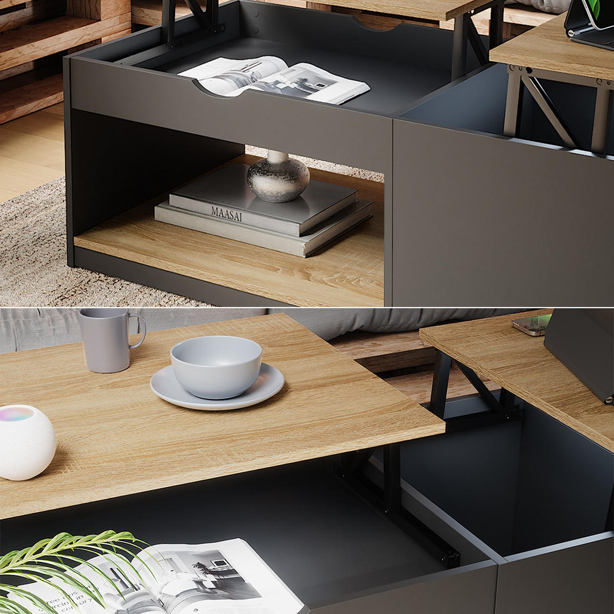 COUCHTISCH Avela Schwarz 110 x 110 cm - Schwarz/Sonoma Eiche, Holzwerkstoff (110/55/54cm) - Vicco