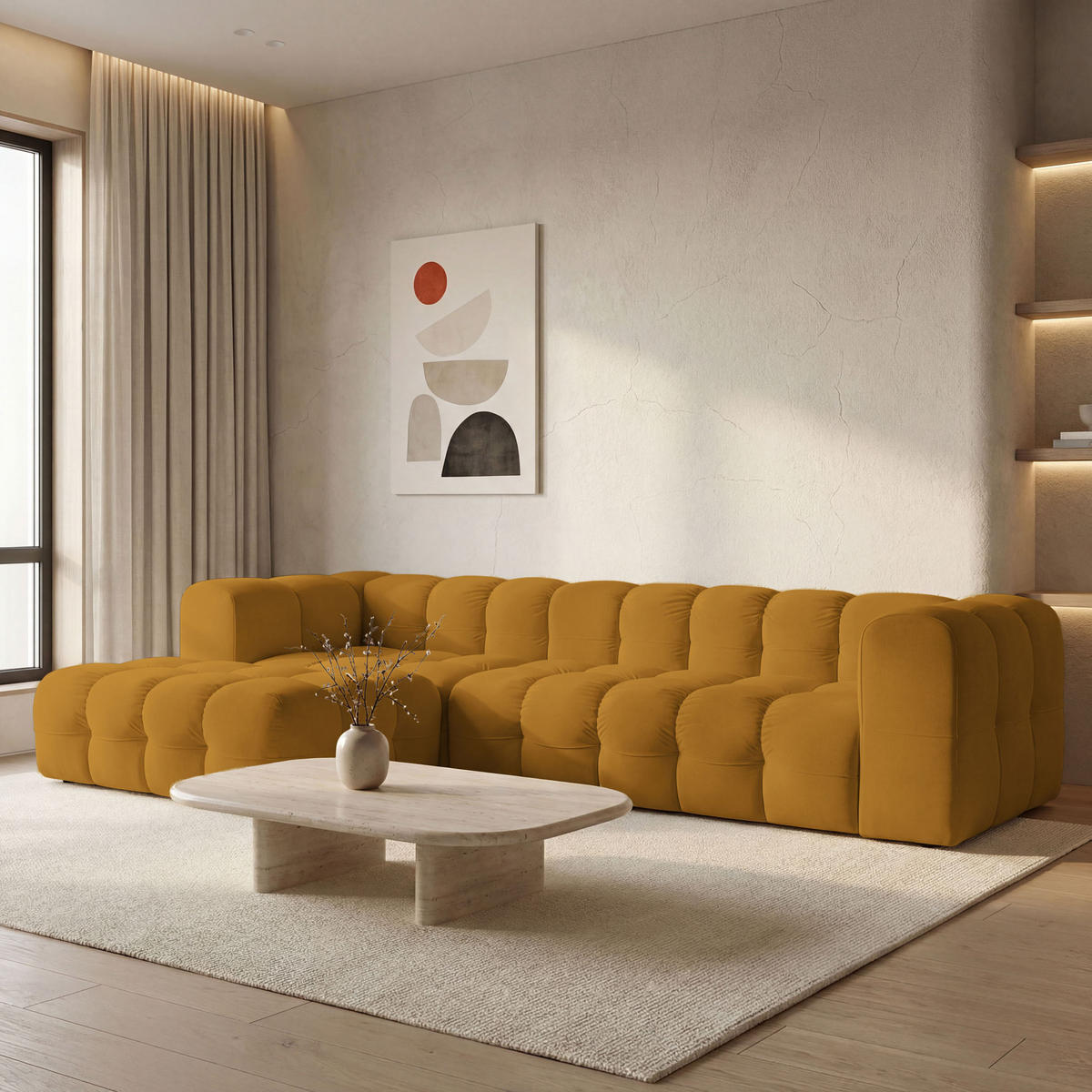 ECKSOFA Mochi L-Form 5-Sitzer Links, Samt, Senfgelb 290/75/193 cm - Dunkelgelb/Schwarz, Kunststoff/Textil (290/193cm) - WFL GROUP