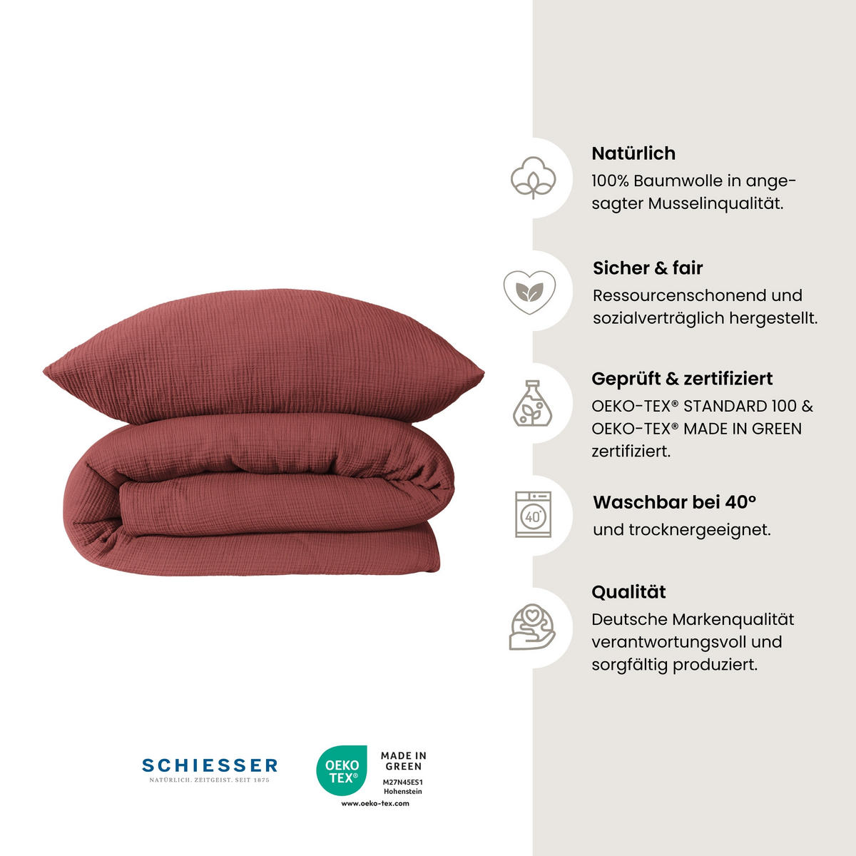 BETTWÄSCHESET Molly - Musselin - 2-teilig - 135 x 200 cm - Rosenholz - Rotbraun, Textil (135/200cm) - SCHIESSER