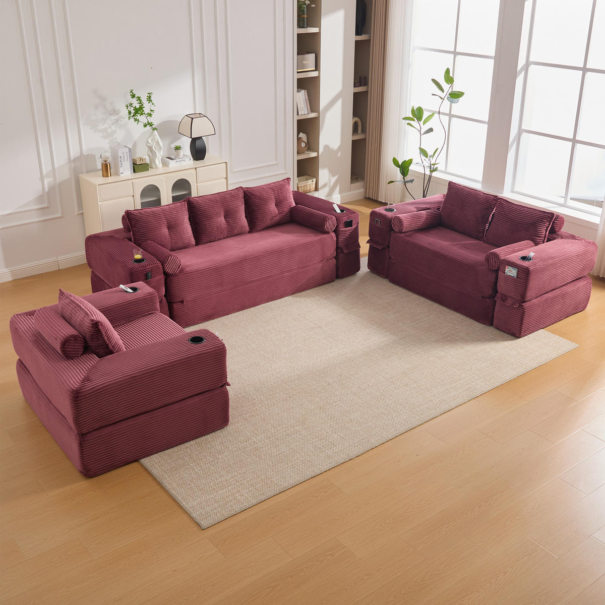 SCHLAFSOFA mit Klappfunktion, Memory-Kissen und Getränkehalter aus Cord - Weinrot, Textil (180/80/98cm) - EVRYAE