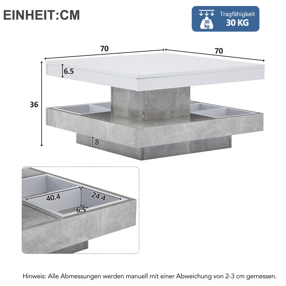 COUCHTISCH 70/70/36 cm weiß mit Hochglanzplatte 360° drehbar - Weiß, Holzwerkstoff (70/70/36cm) - OKWISH