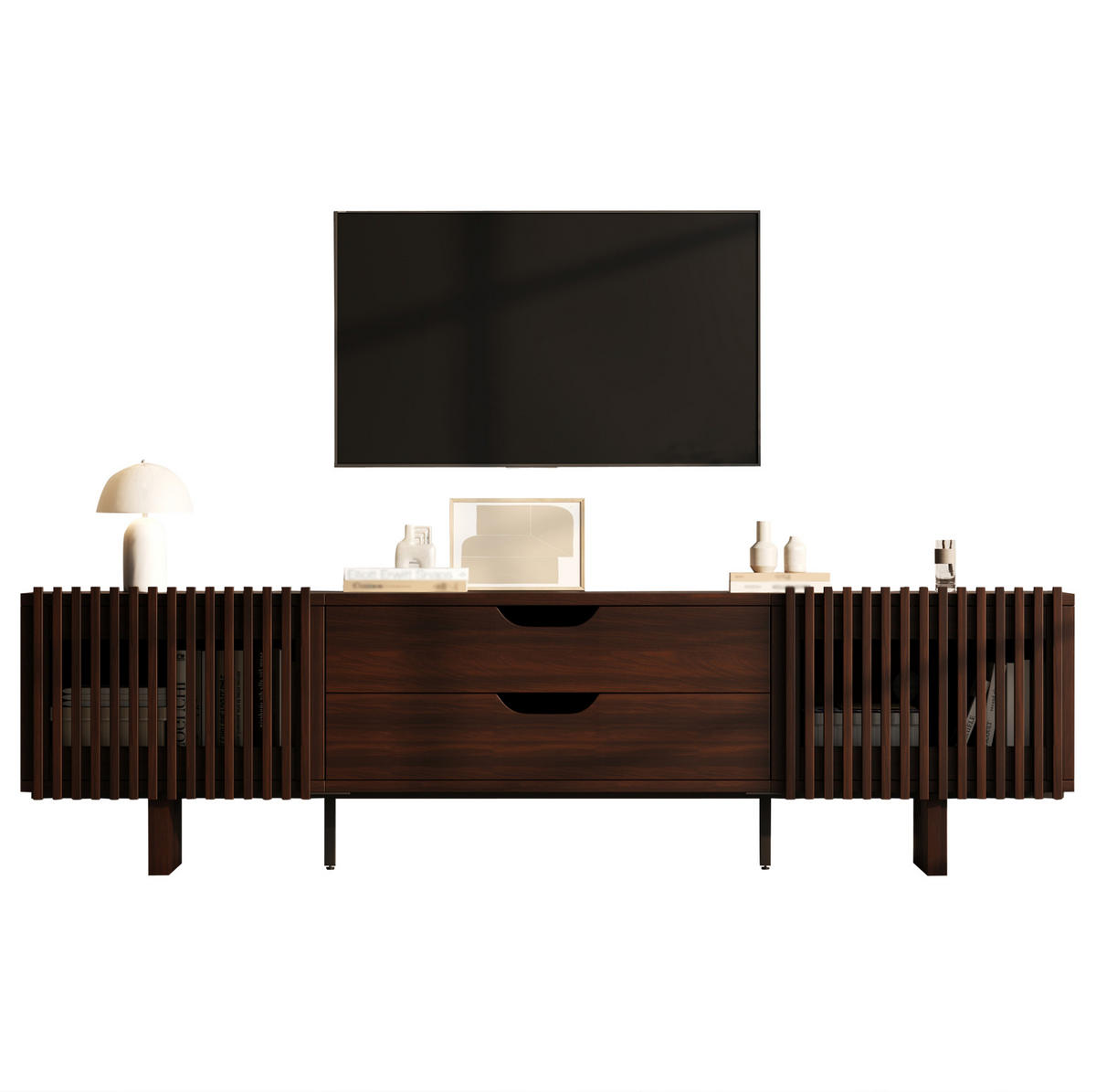 TV ormarić od MDF-a 180x40x45 cm tamni orah s 2 ladice i lamelnim vratima, za TV do 75 inča - smeđa, drvni materijal (180/45/40cm) - Modfu
