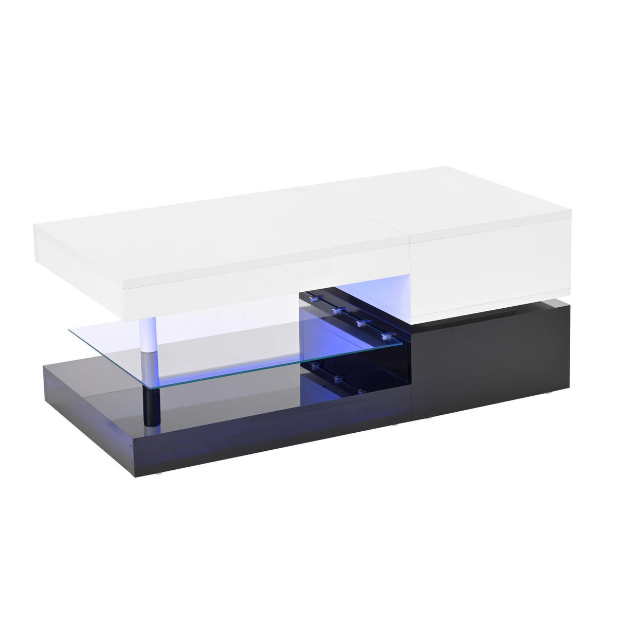 COUCHTISCH 90/45/35,5 cm mit LED-Beleuchtung, Glasablage & Hochglanz in Schwarz/Weiß - Weiß, Holzwerkstoff (90/45/35.5cm) - Flora Grace