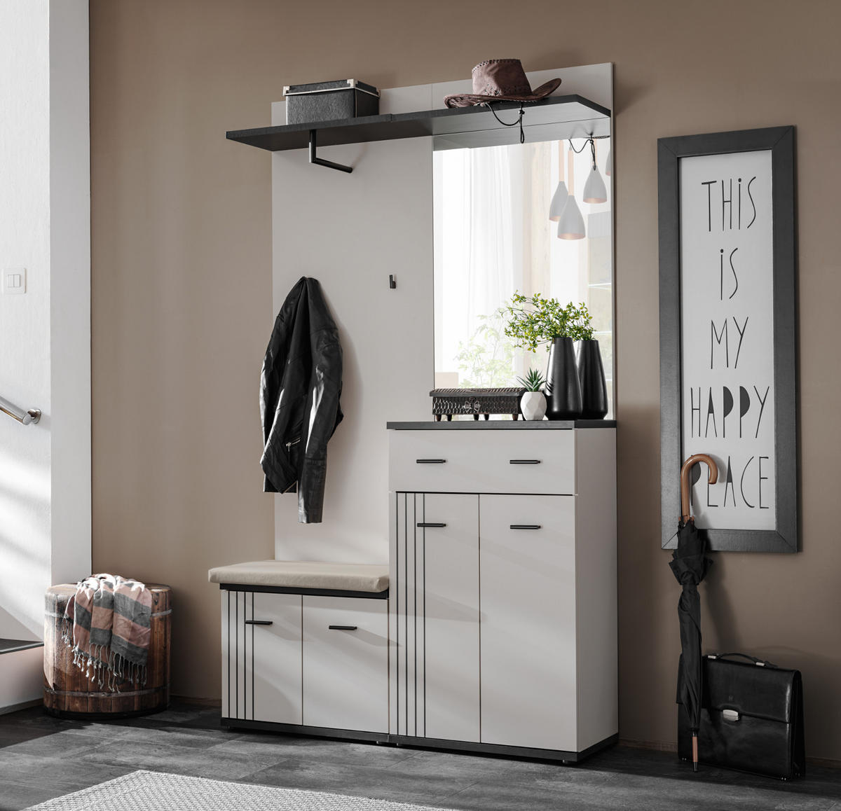 GARDEROBEN-SET Kaschmir, schwarz 4-teilig 120 cm, Flurgarderobe mit viel Stauraum - Kaschmir/Schwarz, Glas/Holzwerkstoff (120/20/32cm) - Inn.Furn