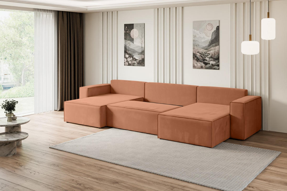 WOHNLANDSCHAFT mit Schlaffunktion und Bettkasten CELTIC-XLU - 377x143x83 cm Koralle Velours - Koralle/Schwarz, Holzwerkstoff/Kunststoff (377/83/143cm) - ALTDECOR