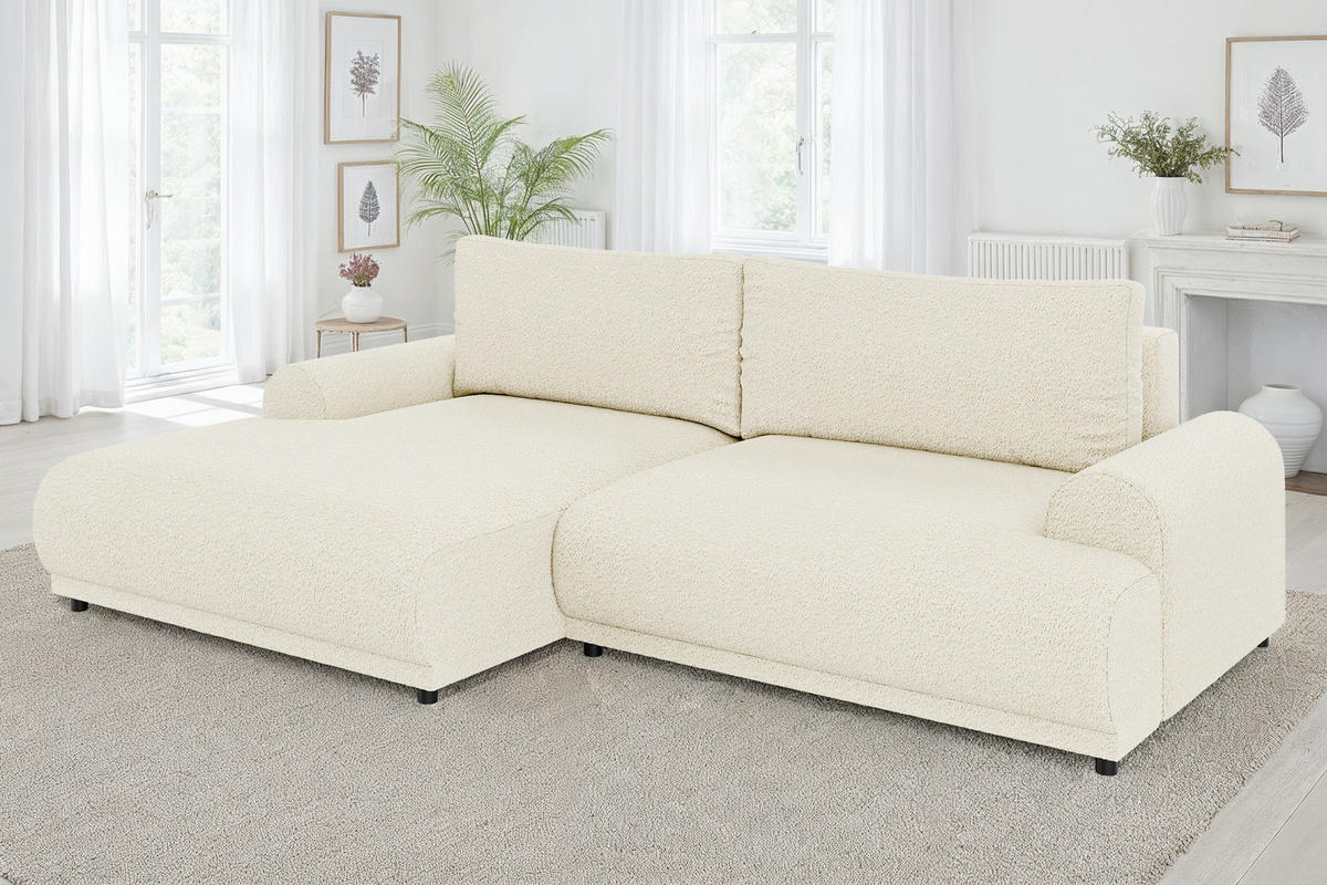 ECKSOFA m.Schlaffunktion, Bettkasten, extrabreite Ottomane links, abgerundete Armlehnen, B240/T145/H81 cm, Bezug Bouclé-Charakter Beige Creme / 21028 - Beige/Creme, Kunststoff/Textil (240/145cm) - luma-home