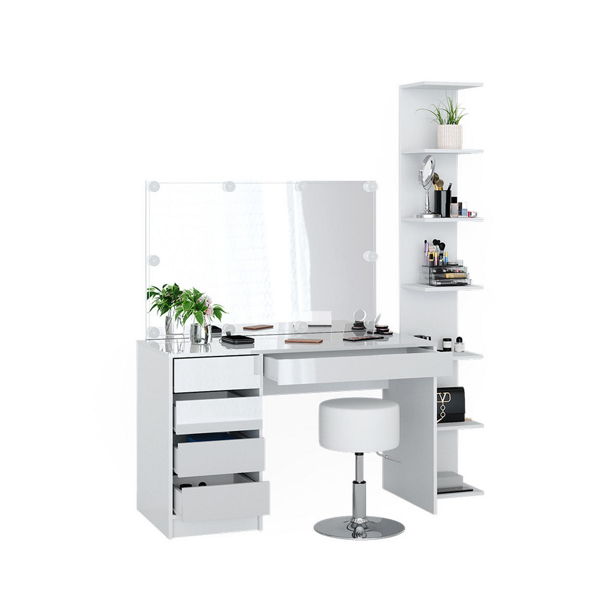 SCHMINKTISCH Sherry Weiß 4 Teile mit Aufbewahrungsregal Spiegel Hocker LED - Weiß, Holzwerkstoff (55/75/120cm) - Vicco