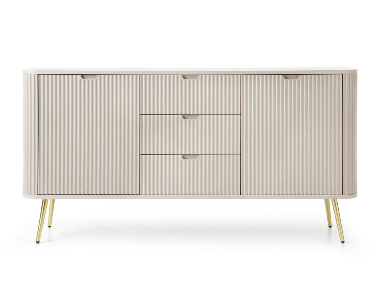SIDEBOARD Salvia 2T 3S Beige, Gold 168/87/39 cm – mit geriffelten Fronten und hohen Beinen - Beige/Goldfarben, Holzwerkstoff/Metall (168/87/39cm) - AX Living