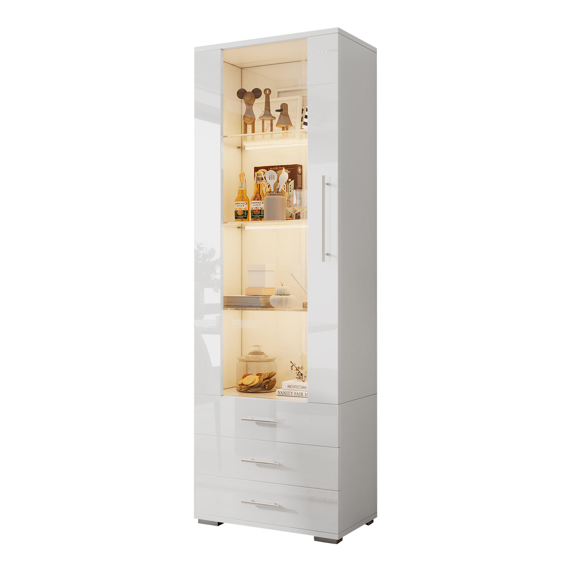 VITRINE in Weiß Standvitrine mit LED-Beleuchtung und 3 Schubladen für Wohnzimmer, B60/T35/H180cm - Transparent/Weiß, Glas/Holzwerkstoff (60/180/35cm) - STILVORA