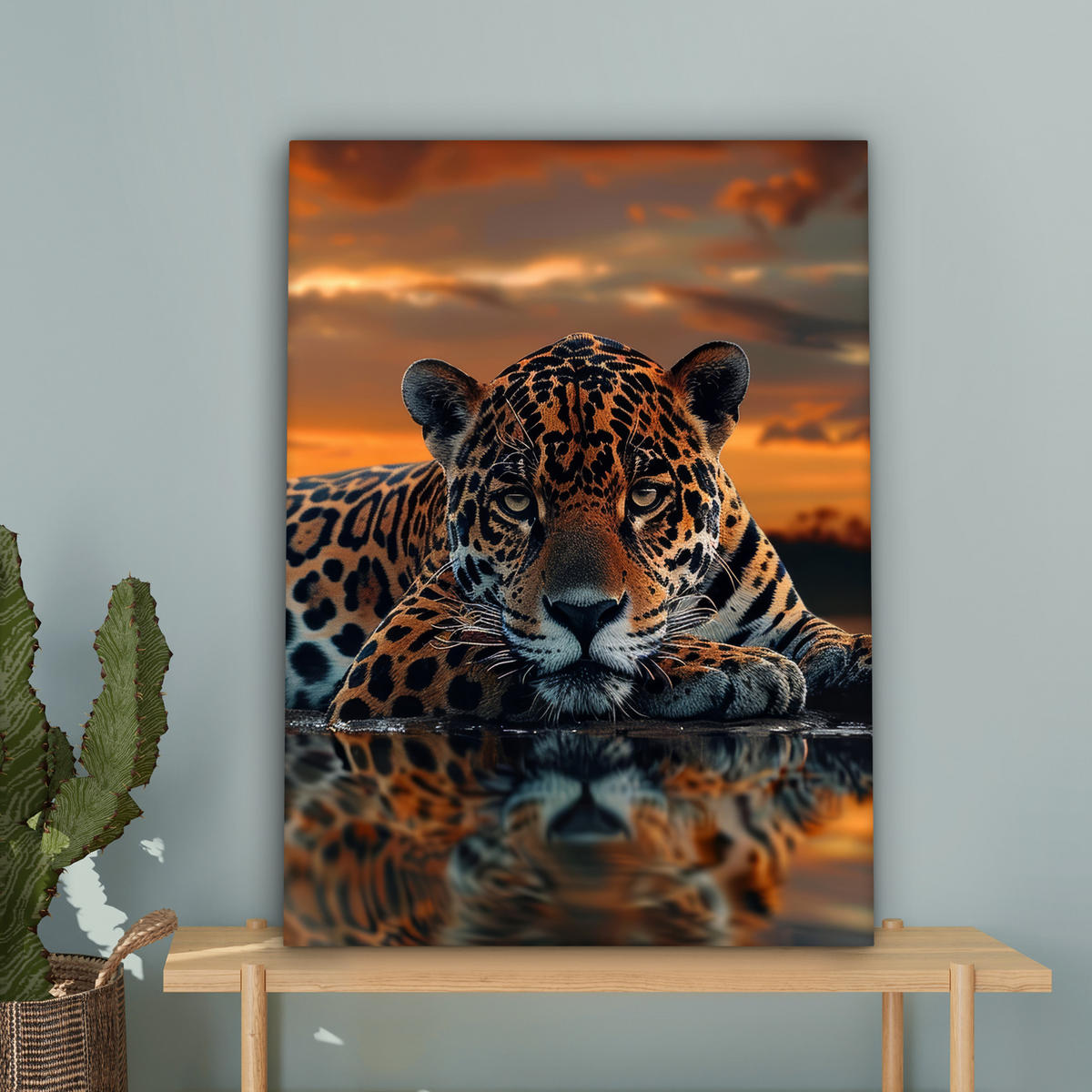 LEINWANDBILD Natur - Leopard - Tier - Sonnenuntergang - Modern Wandbild Wohnzimmer 60x80 cm - Orange, Textil (60/80cm) - MuchoWow
