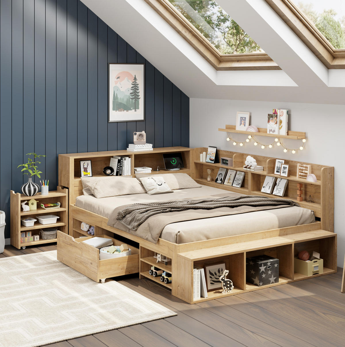 KINDERBETT 140/200 cm aus Sperrholz mit Stauraum und Lattenrost in Natur - Naturfarben, Holzwerkstoff (140/200cm) - BEAOK