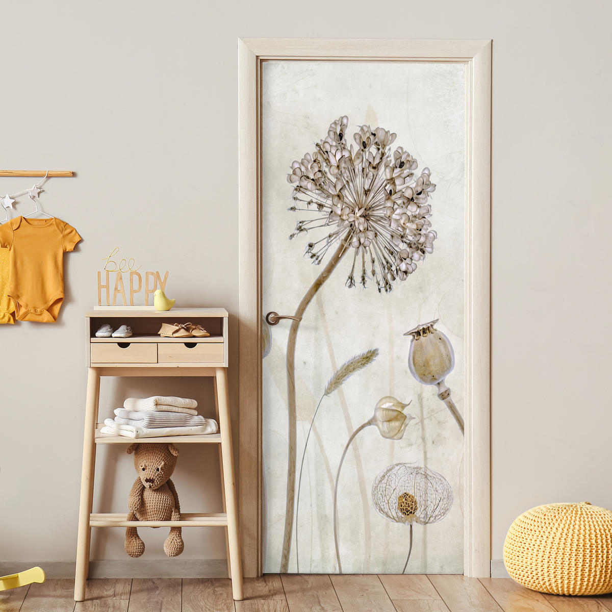 TÜRAUFKLEBER Selbstklebend - Blumen - Aquarell - Stilleben - Braun - Vintage 95x215 cm - Türtapete - Ecru, Kunststoff (95/0.1cm) - MuchoWow