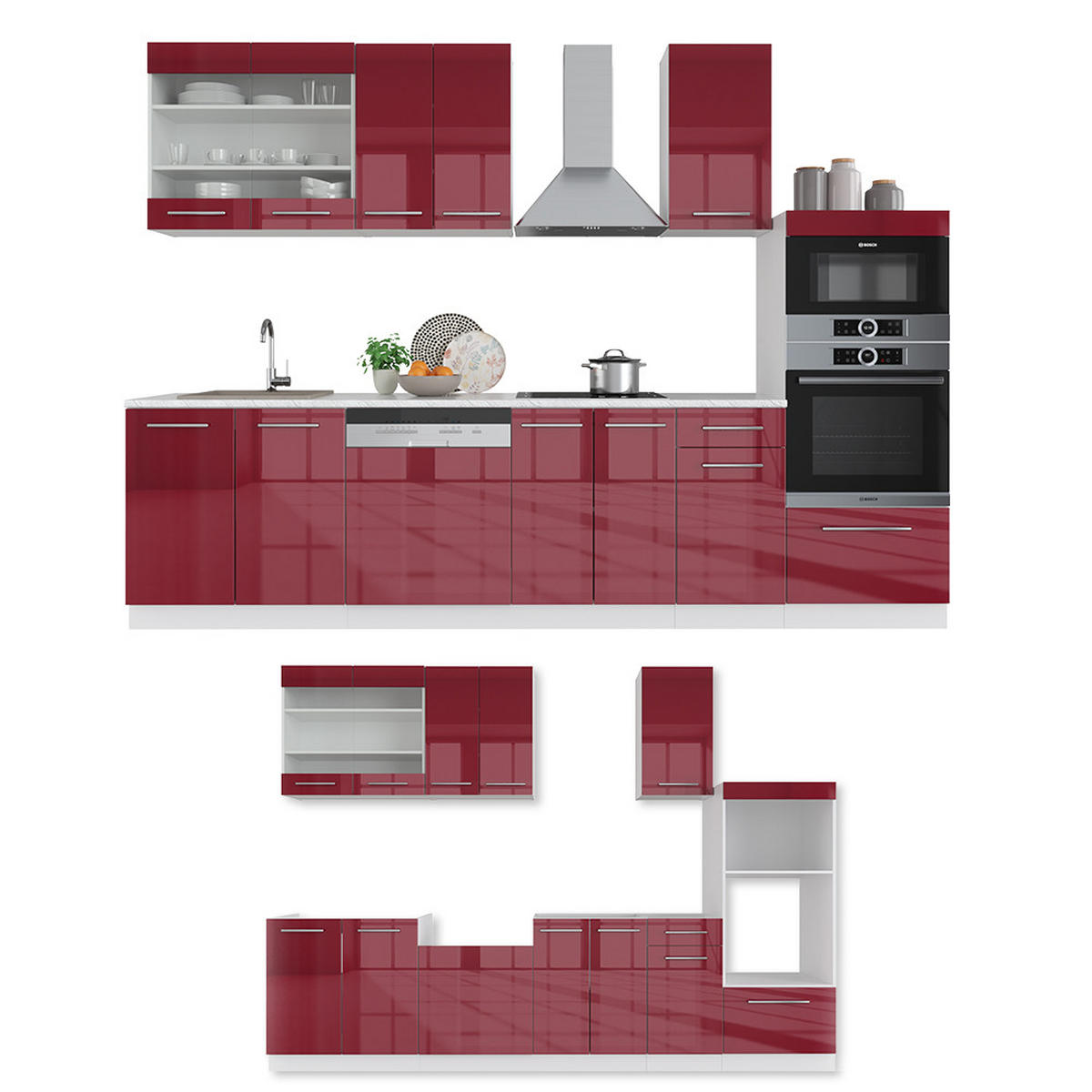 KÜCHENZEILE Fame-Line Bordeaux Hochglanz/Weiß 300 cm mit Hochschrank ohne AP - Bordeaux/Weiß, Holzwerkstoff (300/81.6/46cm) - Vicco