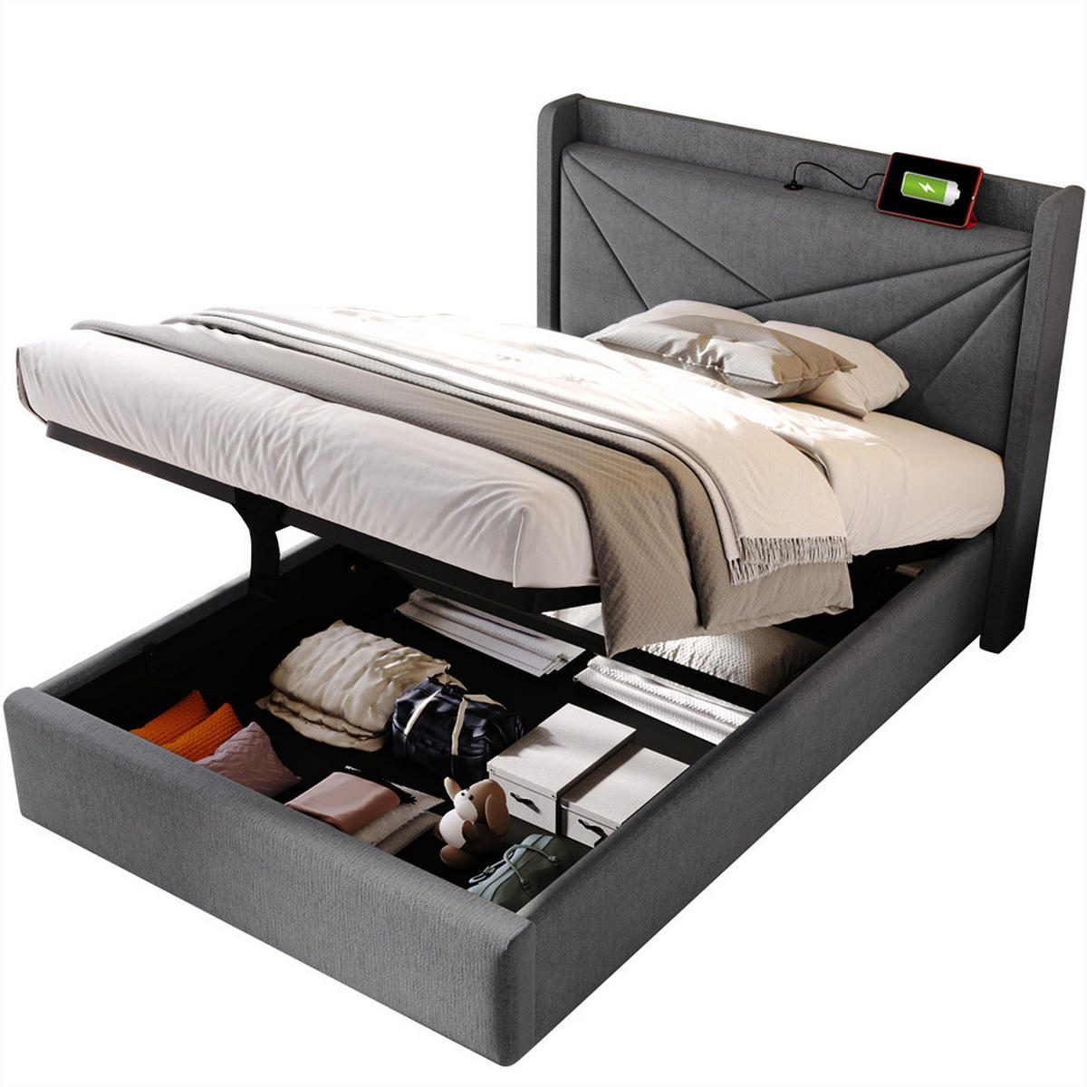 POLSTERBETT 90/200cm in Grau Leinen mit USB Typ C Ladefunktion Kopfteil - Grau, Holz/Textil (90/200cm) - KOMHTOM
