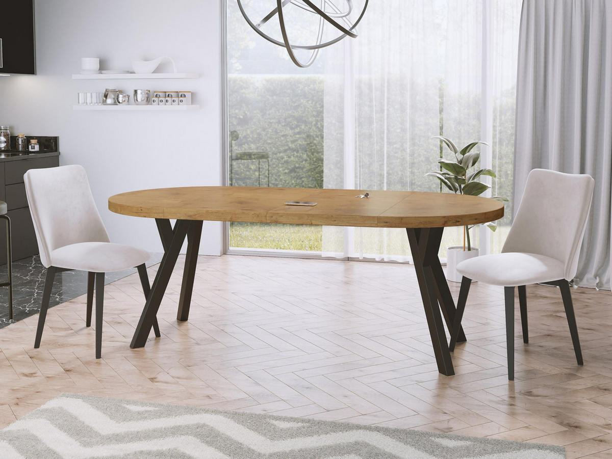 ESSTISCH Twixy runder ausziehbarer, Lancelot Eiche 90-170/90/76 cm - Eichefarben/Schwarz, Holz/Holzwerkstoff (90/90/76cm) - WFL GROUP