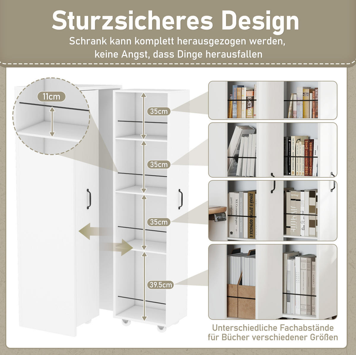 REGAL ausziehbar mit Rollen 51,5 x 41 x 158 cm MDF Weiß - Weiß, Holzwerkstoff (41/158/51.5cm) - Beauniv
