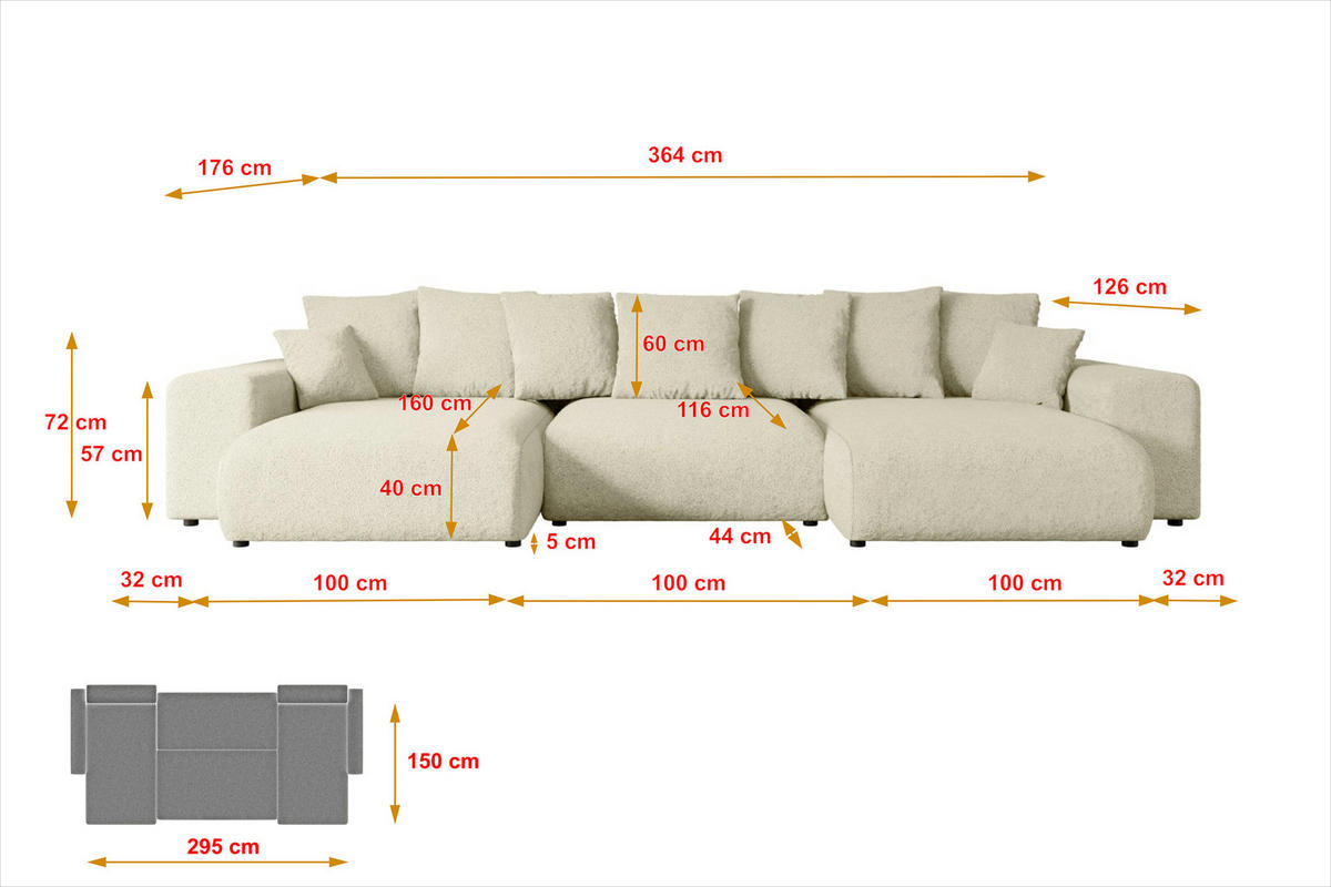 WOHNLANDSCHAFT mit Schlaffunktion ESKAR-U -364x176x72cm Beige Bouclé - Beige/Schwarz, Holzwerkstoff/Kunststoff (364/72/176cm) - ALTDECOR