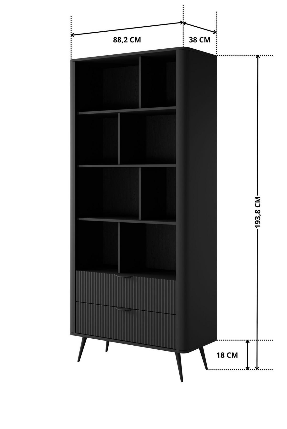 STANDREGAL Flore B Schwarz - 88 cm - mit 2 geriffelten Schubladen - Schwarz, Holz/Holzwerkstoff (88/194/38cm) - Ravio