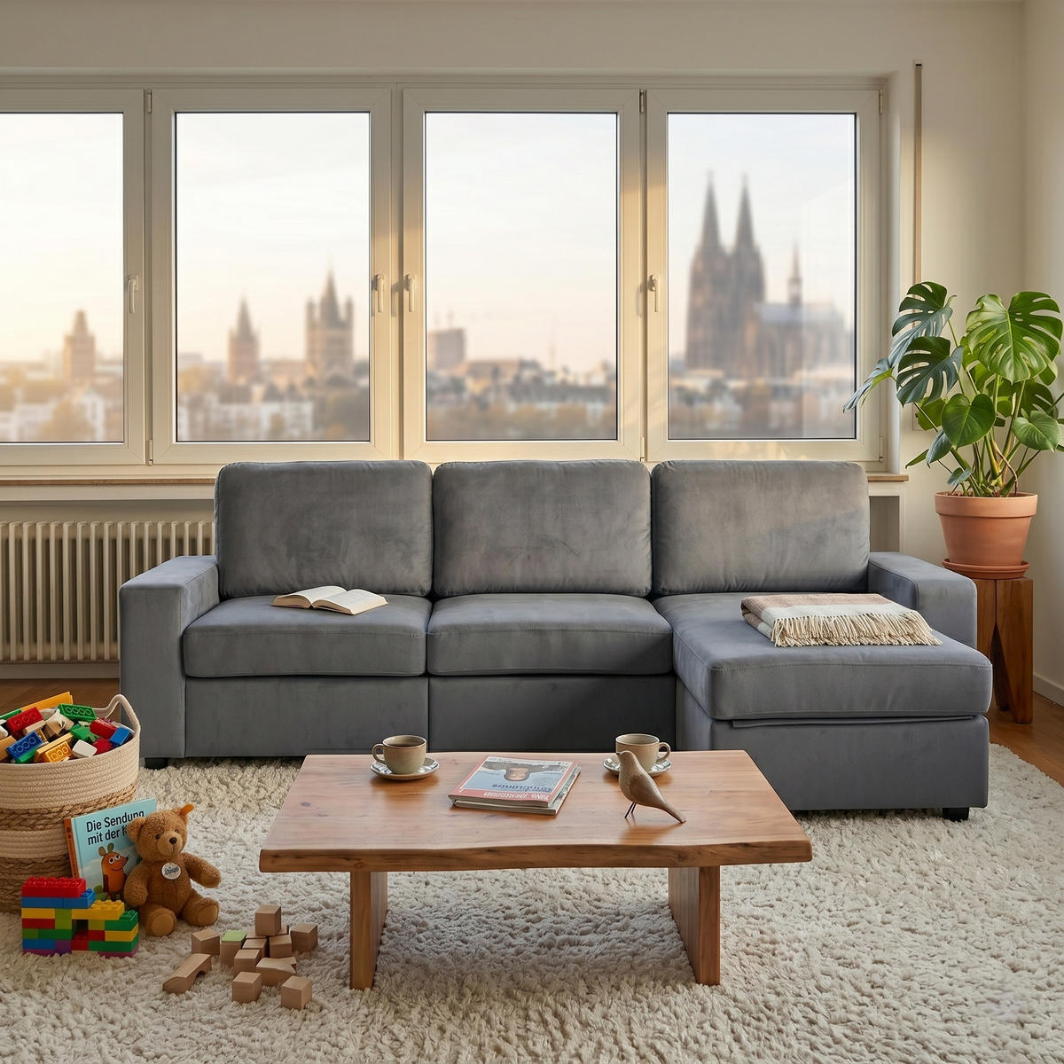 ECKSOFA Polyester Grau mit Stauraum - Grau, Holzwerkstoff/Textil (245.5/150.5cm) - WISHDOR