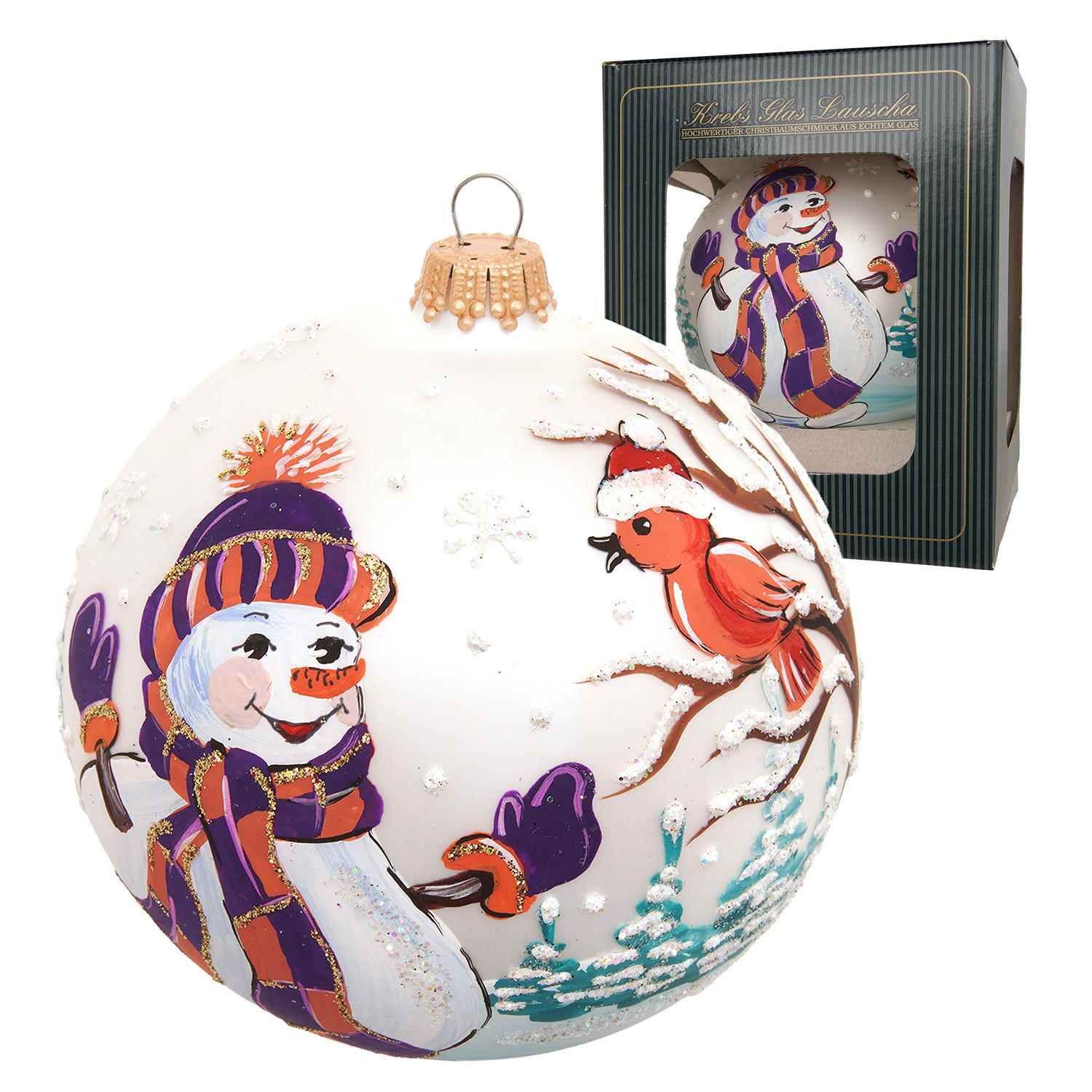 CHRISTBAUMKUGEL Schneemann und Vogel Weiß 10cm (Glas / 1 Stk.) - Weiß, Glas (10/10/10cm)