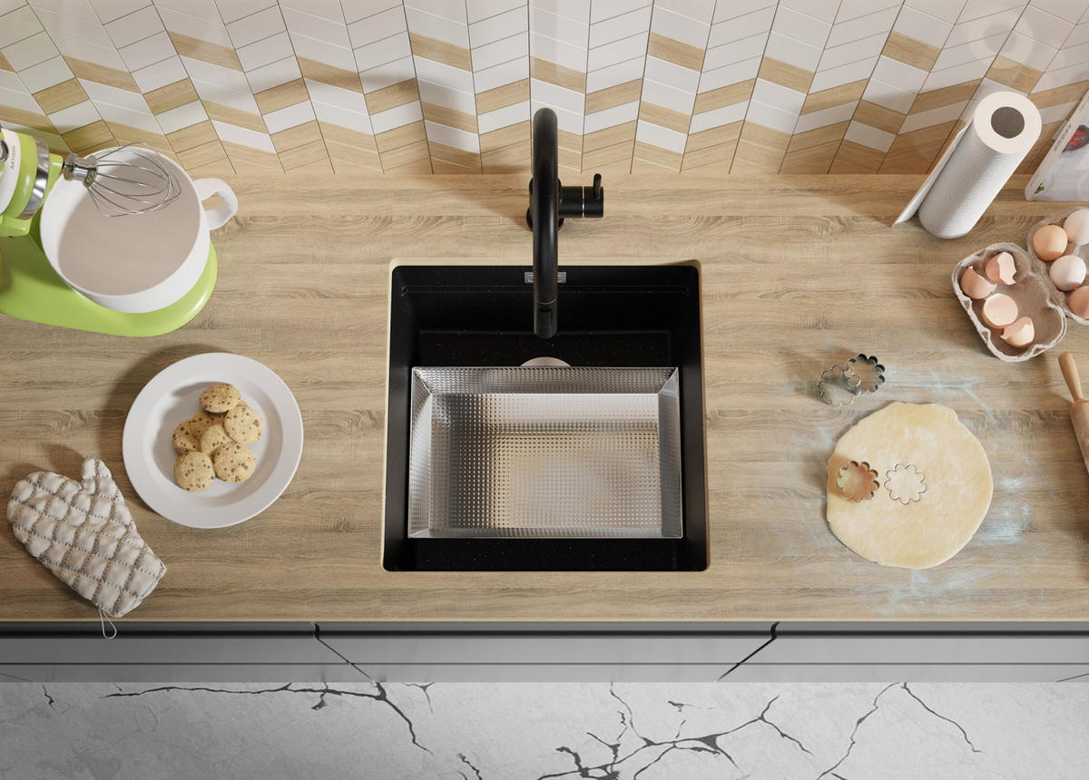 UNTERBAUSPÜLE GRANIT Praga, 2-er set Schwarz Metallic 46/47 cm 1 Becken + Ablauf-Set + Aufrollbare Abtropffläche ab 50er Unterschrank - Chromfarben/Schwarz Hochglanz, Kunststoff (46/20/47cm) - Primagran