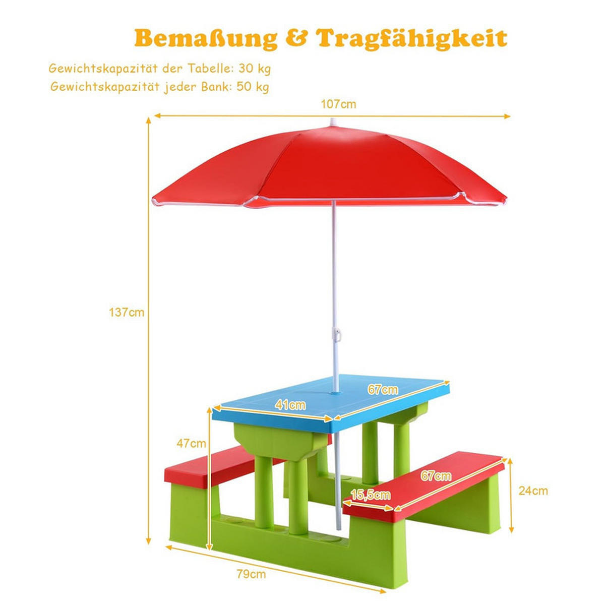 KINDER-GARTENSITZGRUPPE mit Sonnenschirm bunt - Multicolor, Kunststoff - COSTWAY