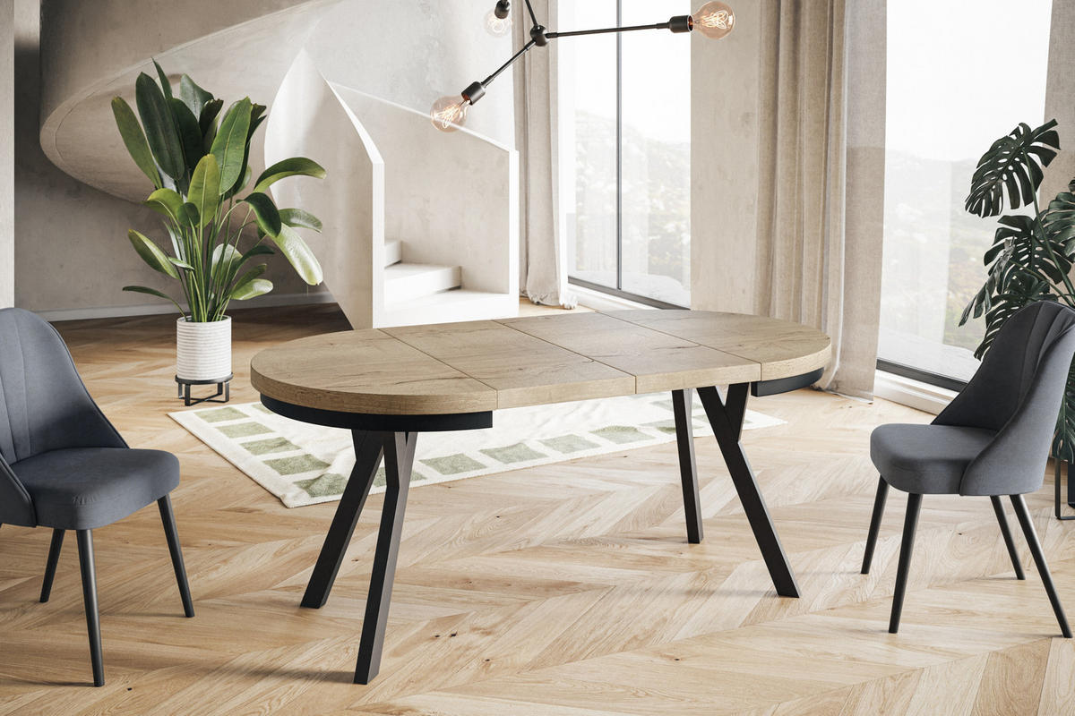 ESSZIMMERTISCH EVO, ausziehbarer Tisch 120 cm bis 220 cm, Farbe: HALIFAX, mit Holzbeinen in Farbe Schwarz - Schwarz/Naturfarben, Holzwerkstoff (120/120/77cm) - Alpi-Möbel