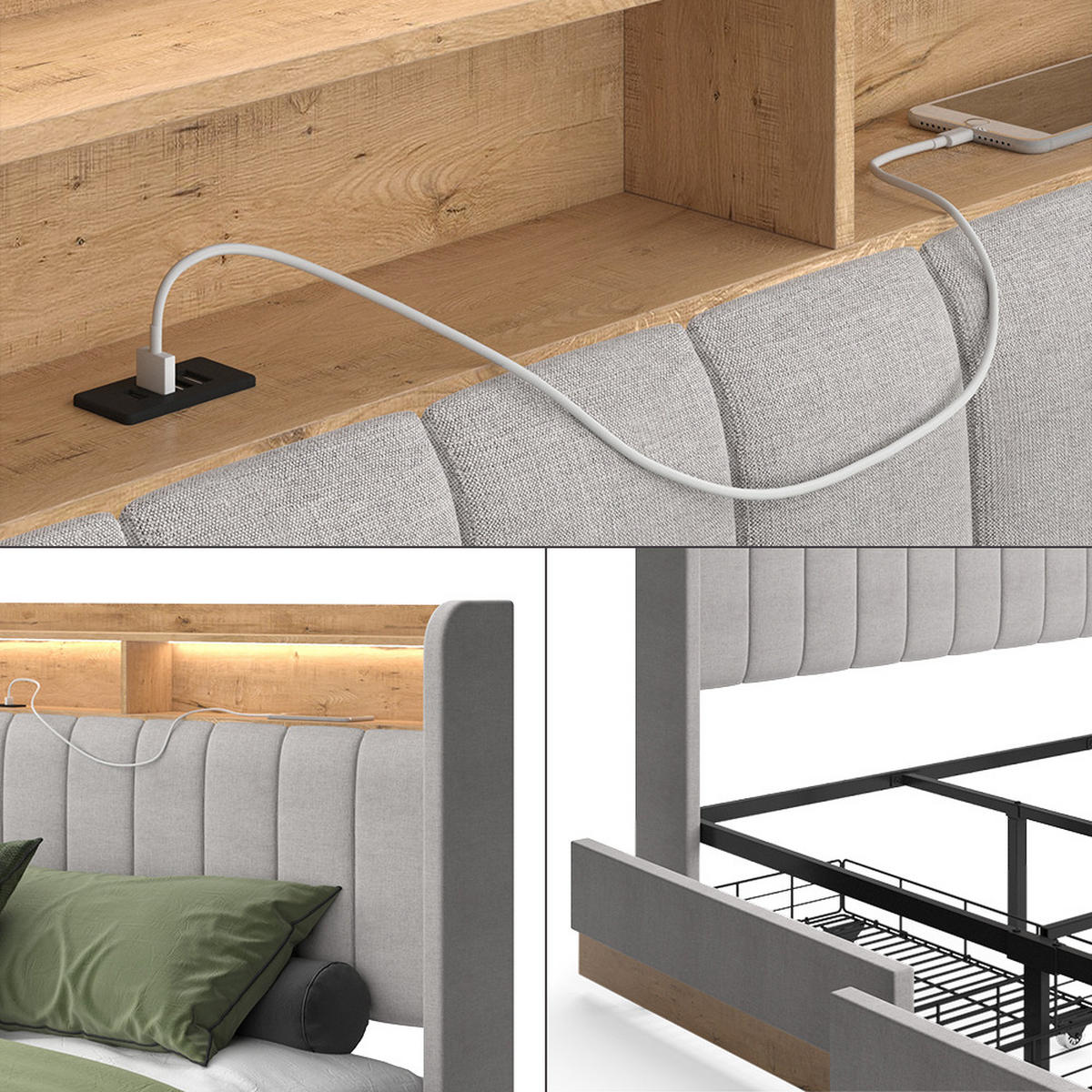 POLSTERBETT Nura Grau 180x200 cm mit 4 Schubladen - Grau, Holzwerkstoff - VitaliSpa