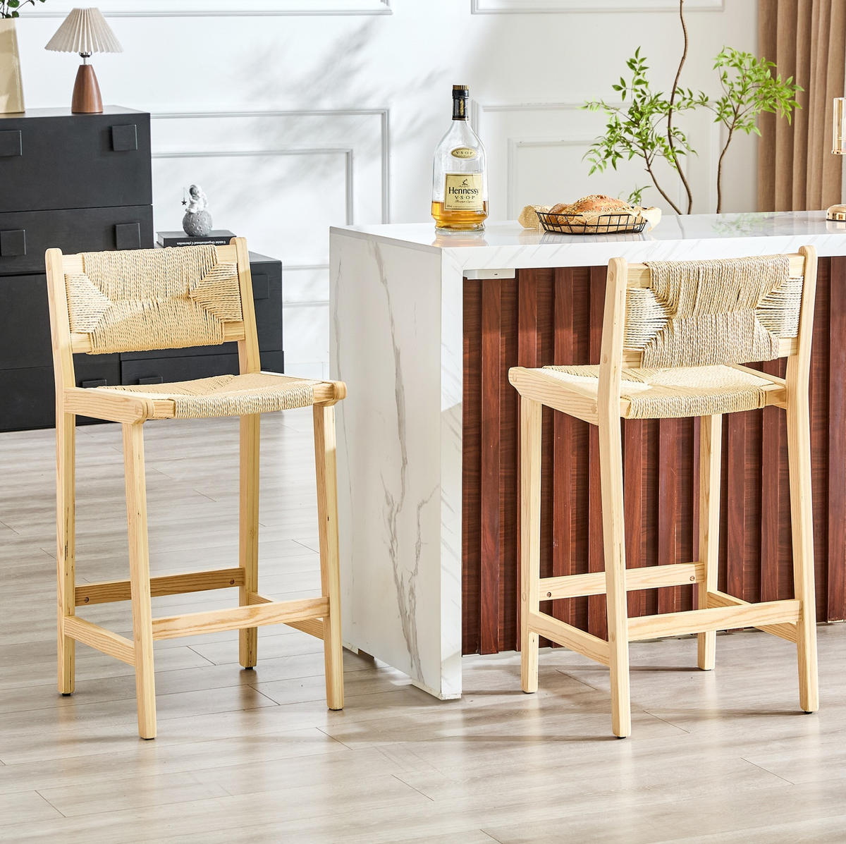BARHOCKER 2er-Set mit Geflecht und Massivholz für Kücheninsel - Birnbaumfarben, Holz (42/89/44cm) - Meubliv