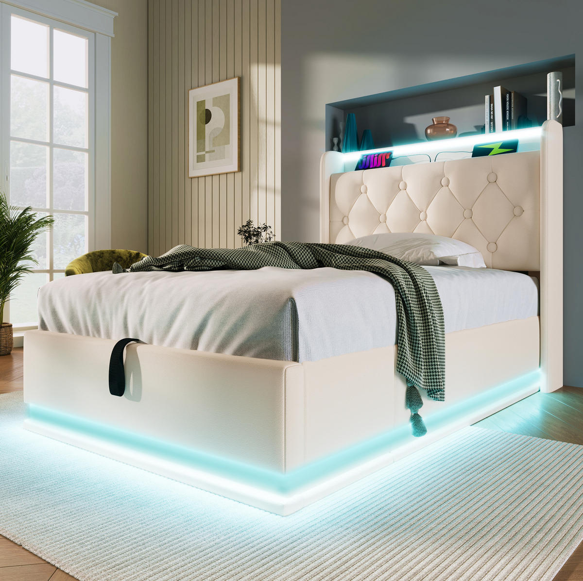 POLSTERBETT 90/200 cm in Weiß mit LED-Beleuchtung, Stauraum und USB/Type-C - Weiß, Kunststoff (90/200cm) - Flora Grace